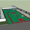 Outdoor Basketball Court With Green Red Surface Hoops Surrounded By Trees Fences And Lighting Poles
