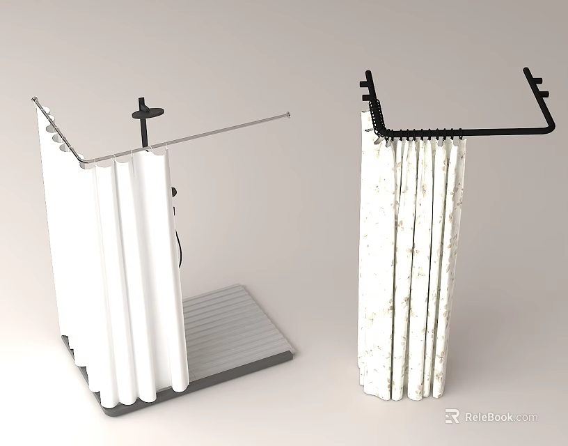 Shower Curtains with White and Marble Pattern Rods and Non Slip Mat Modern Design Frames 3d model 