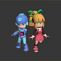 Cute Game Characters Blue Robot And Yellow Haired Girl With Green Bow In Pink Dress