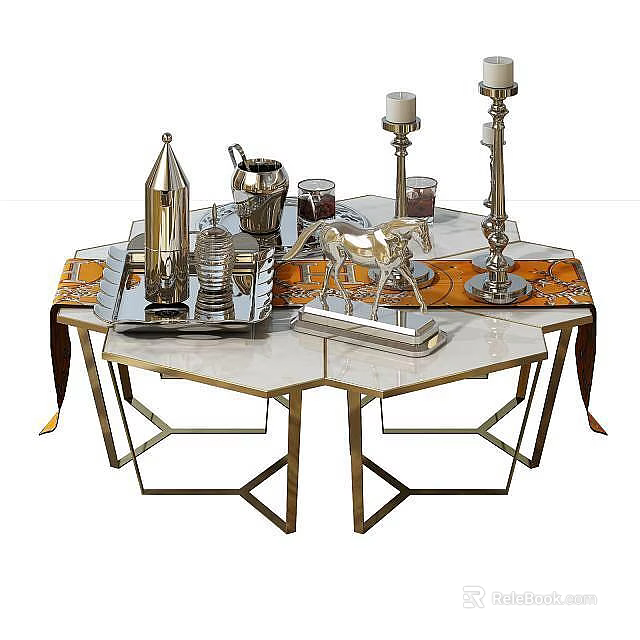 Elegant Modern Coffee Table With Brass Frame Marble Top And Decorative Items 3d model 