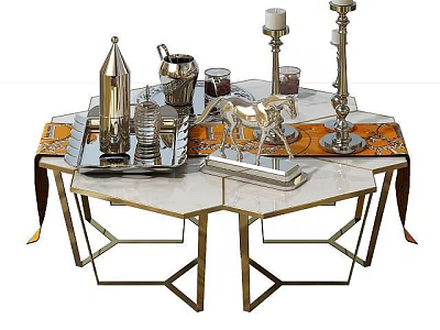 Elegant Modern Coffee Table With Brass Frame Marble Top And Decorative Items 3d model