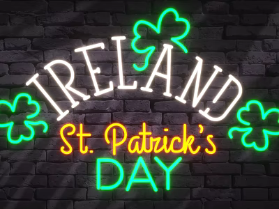 Decorative Neon Light Displaying IRELAND St Patrick's DAY With Green Clovers On Brick Wall 3d model