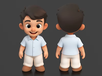 3D Boy Character Front Back View With Light Blue Shirt White Pants Brown Shoes 3d model