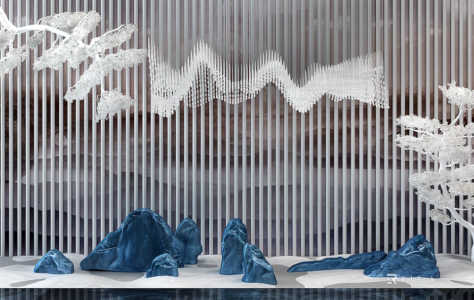 Garden Ornament Featuring Blue Rock Formations White Decorative Trees Hanging Wavy Decorations And Striped Screen 3d model 