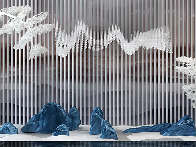Garden Ornament Featuring Blue Rock Formations White Decorative Trees Hanging Wavy Decorations And Striped Screen 3d model