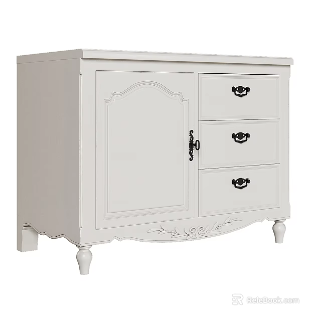 White Decorative Cabinet With Carved Design Drawers Black Handles And Carved Legs 3d model 