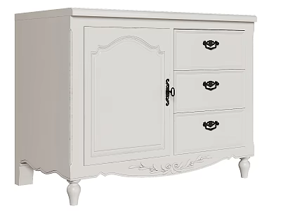 White Decorative Cabinet With Carved Design Drawers Black Handles And Carved Legs 3d model