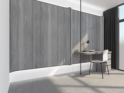 Contemporary Desk With Black Lamp White Chair Gray Wooden Wall Natural Light And Gray Carpet 3d model