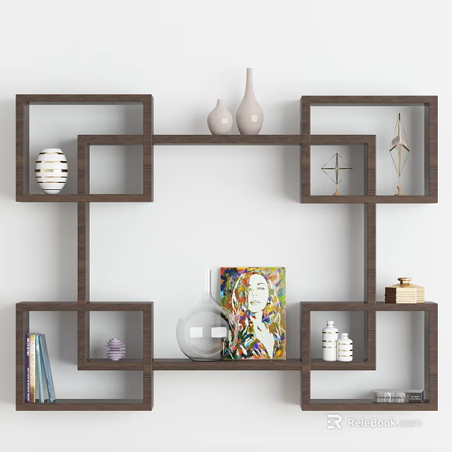 Modern Wooden Wall Cabinets With Decorative Vases Geometric Art And Storage Shelves 3d model 
