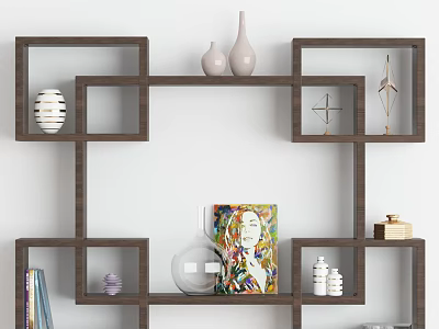 Modern Wooden Wall Cabinets With Decorative Vases Geometric Art And Storage Shelves 3d model