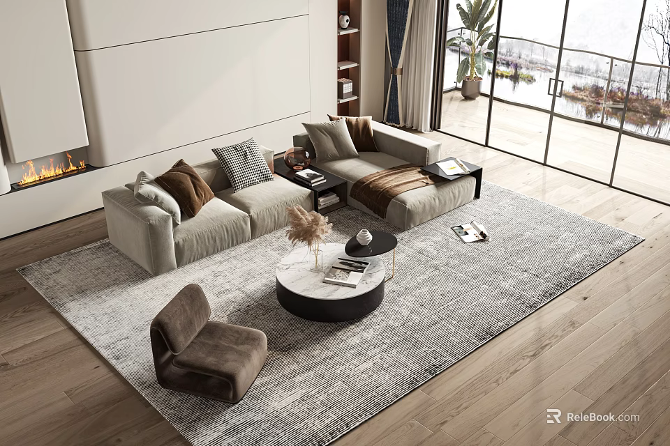 Modern Sofa And Coffee Table Set With Light Gray Rug Armchair Plant And Floor To Ceiling Windows 3d model 
