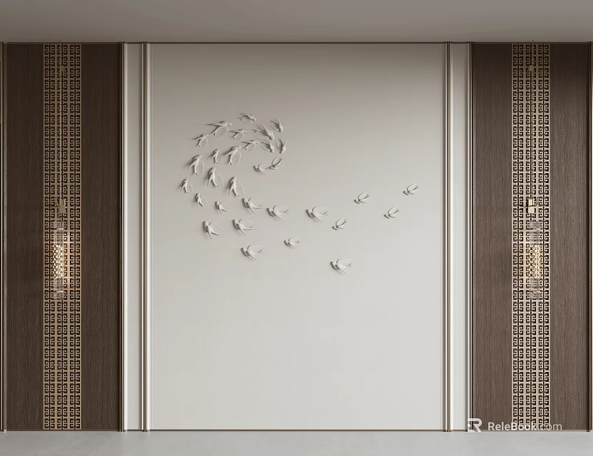 Luxury White Background Wall With Fish Group Decoration Wooden Frame And Lattice Design 3d model 