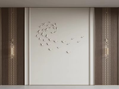Luxury White Background Wall With Fish Group Decoration Wooden Frame And Lattice Design 3d model