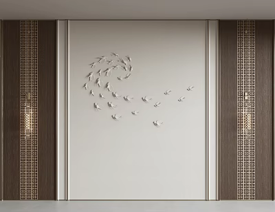 Luxury White Background Wall With Fish Group Decoration Wooden Frame And Lattice Design 3d model