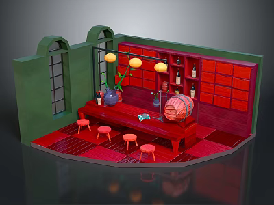 Bar Interior Scene With Red Counter Stools Yellow Pendant Lights Green Walls And Arched Windows 3d model