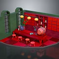 Bar Interior Scene With Red Counter Stools Yellow Pendant Lights Green Walls And Arched Windows