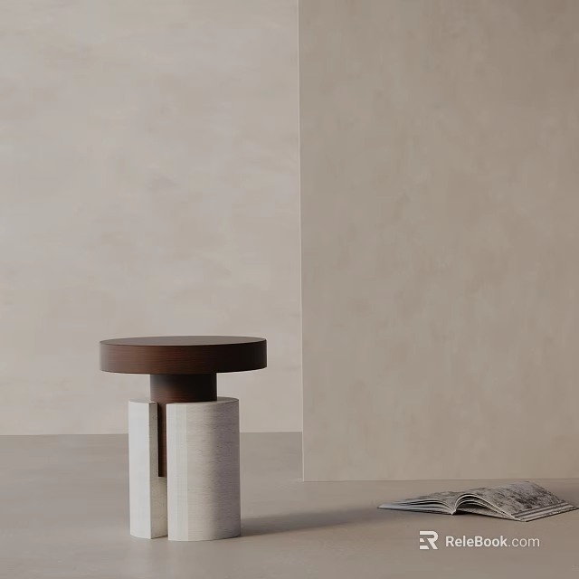 Minimalist Side Table With Brown Round Tabletop And White Column Base Against Beige Wall 3d model