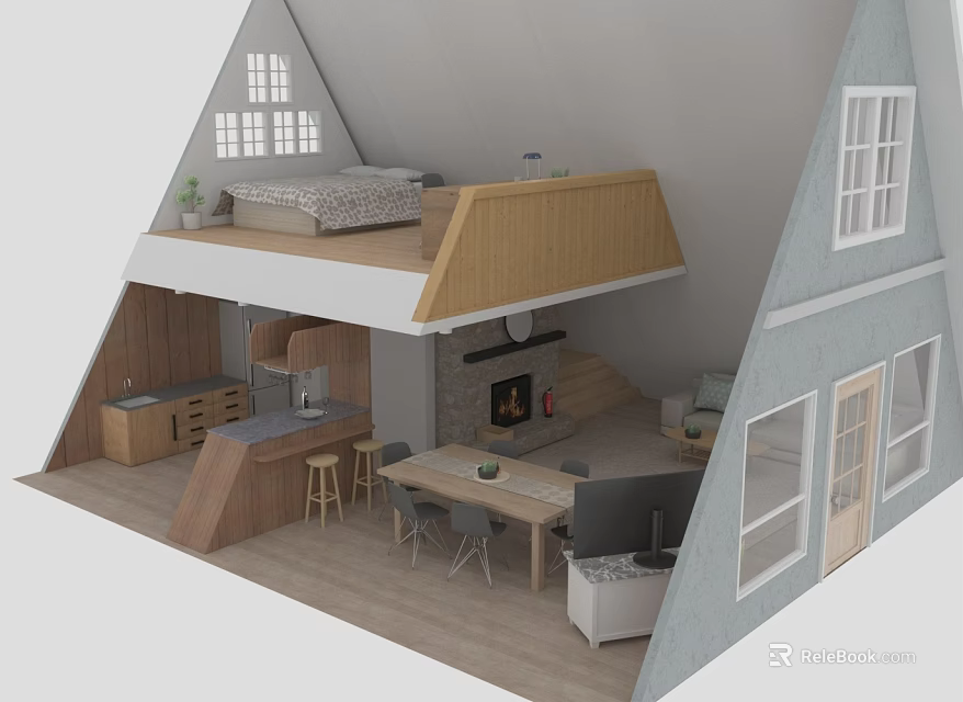 A Frame House Interior with Open Layout Kitchen Dining Area Fireplace and Windows 3d model 