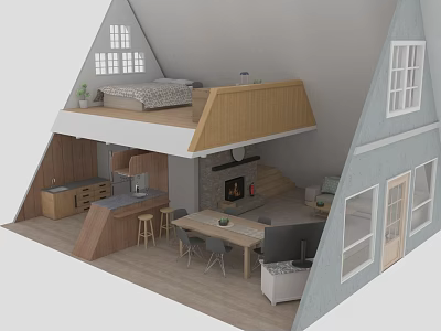 A Frame House Interior with Open Layout Kitchen Dining Area Fireplace and Windows 3d model