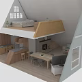 A Frame House Interior with Open Layout Kitchen Dining Area Fireplace and Windows