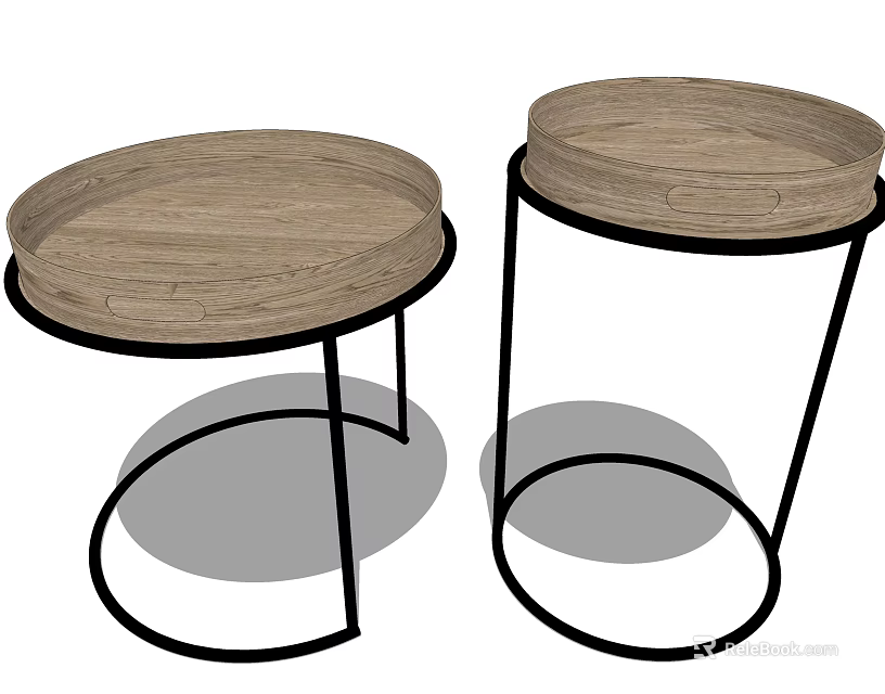 Modern Round Side Tables With Wooden Top And Black Metal Frames 3d model