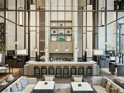 Elegant Hotel Lobby Interior Design With Comfortable Sofas Marble Bar Hanging Lamps And Green Plants 3d model