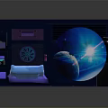 Cartoon Scene Bedroom Interior With Colorful Lights Blue Purple Tones Gaming Chair And Large Screen
