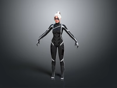 Female Superhero Character In Black Tight Suit With White Hair And Mask 3d model