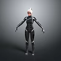 Female Superhero Character In Black Tight Suit With White Hair And Mask