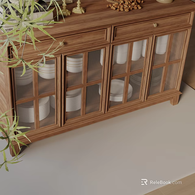 Wooden Storage Cabinet With Glass Doors Holding White Dishes And Green Plant Nearby 3d model 