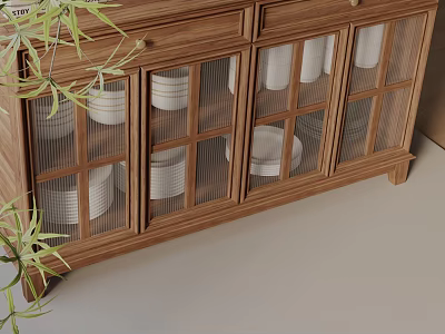 Wooden Storage Cabinet With Glass Doors Holding White Dishes And Green Plant Nearby 3d model