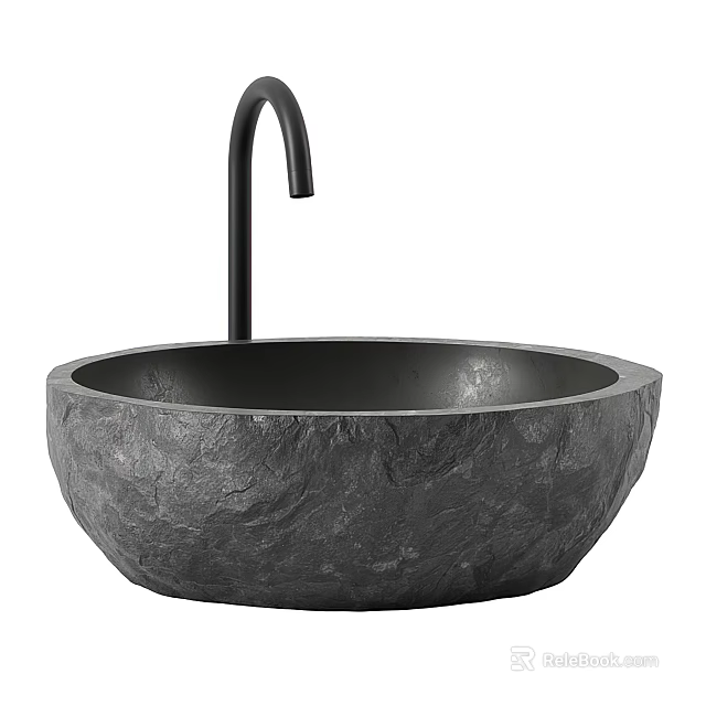 Natural Stone Round Vessel Sink For Bathroom With Black Faucet 3d model 