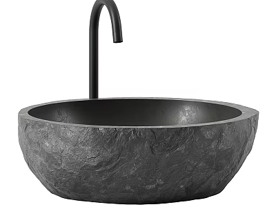 Natural Stone Round Vessel Sink For Bathroom With Black Faucet 3d model