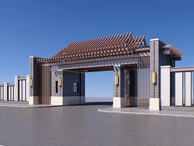 Traditional Chinese Gate Design With Wooden Roof Stone Pillars And Carved Details 3d model