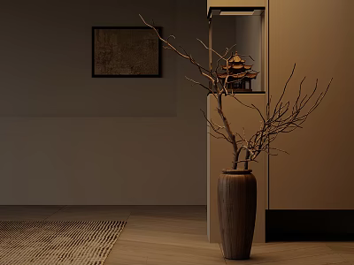 Bonsai Plant Decorative Branches In Ceramic Vase For Indoor Wooden Floor Setting 3d model