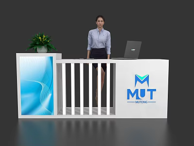 Modern Reception Desk With Receptionist Laptop Green Plant And MUT Motion Logo 3d model