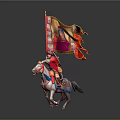 Ancient Warrior Man In Red Armor Riding White Horse With Decorative Red Flag