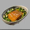 Fresh Salmon Fillet Served with Crisp Green Vegetables in White Oval Bowl
