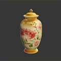 Hand Carved Ceramic Vase With Yellow Lid And Red Pink Floral Patterns