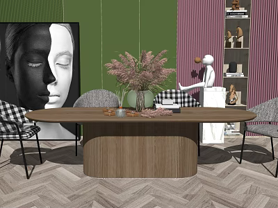 Modern Wooden Dining Table Set With Chairs Pampas Grass Centerpiece Green Wall And Herringbone Floor 3d model