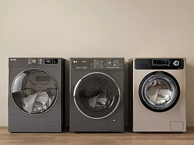 Three Modern Washing Machines With Round Doors And Control Panels On Wooden Floor 3d model