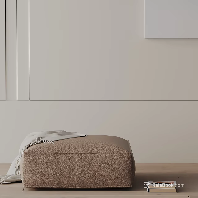 Minimalist Light Brown Upholstered Leisure Chair With Tasseled Blanket On Beige Wall And Wooden Floor 3d model 