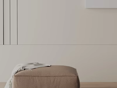 Minimalist Light Brown Upholstered Leisure Chair With Tasseled Blanket On Beige Wall And Wooden Floor 3d model
