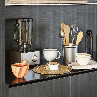 Modern Kitchen Utensils With Blender Spoons Bowls Wooden Mortar And Woven Mat On Dark Countertop 3d model