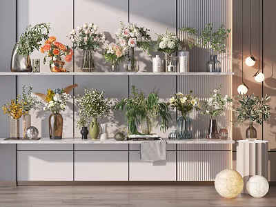 Various Flowers In Different Material Vases On White Shelves With Decorative Lights And Wooden Floor 3d model