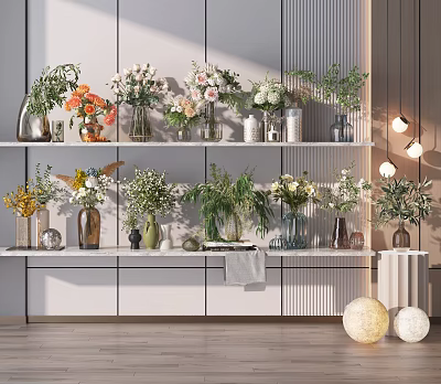 Various Flowers In Different Material Vases On White Shelves With Decorative Lights And Wooden Floor 3d model