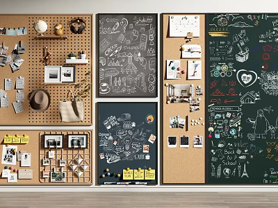 Wall Hangings Featuring Decorative Cork Peg Chalk Boards With Photos Notes Drawings And Items 3d model