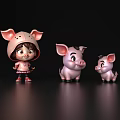 Cute Game Movie Characters Girl With Pig Ear Hat And Two Pink Pig Figures