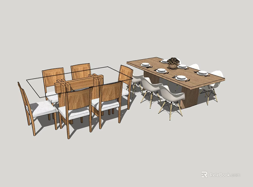 Wooden Glass Top And Rectangular Dining Table Set With White Chairs And Tableware 3d model