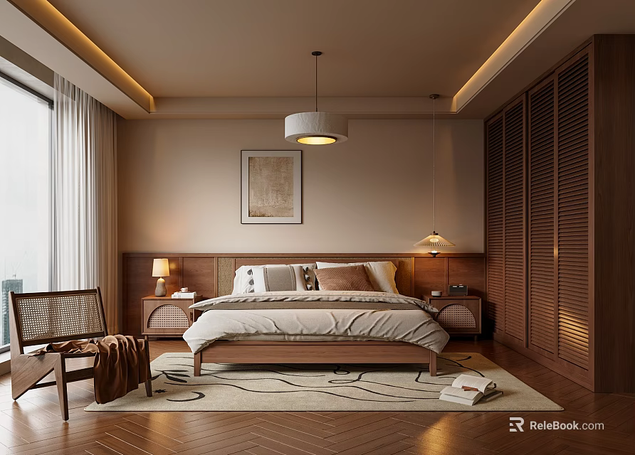 Modern Bedroom Interior Design With Beige Walls Wooden Floors King Bed And Woven Rattan Chair 3d model 
